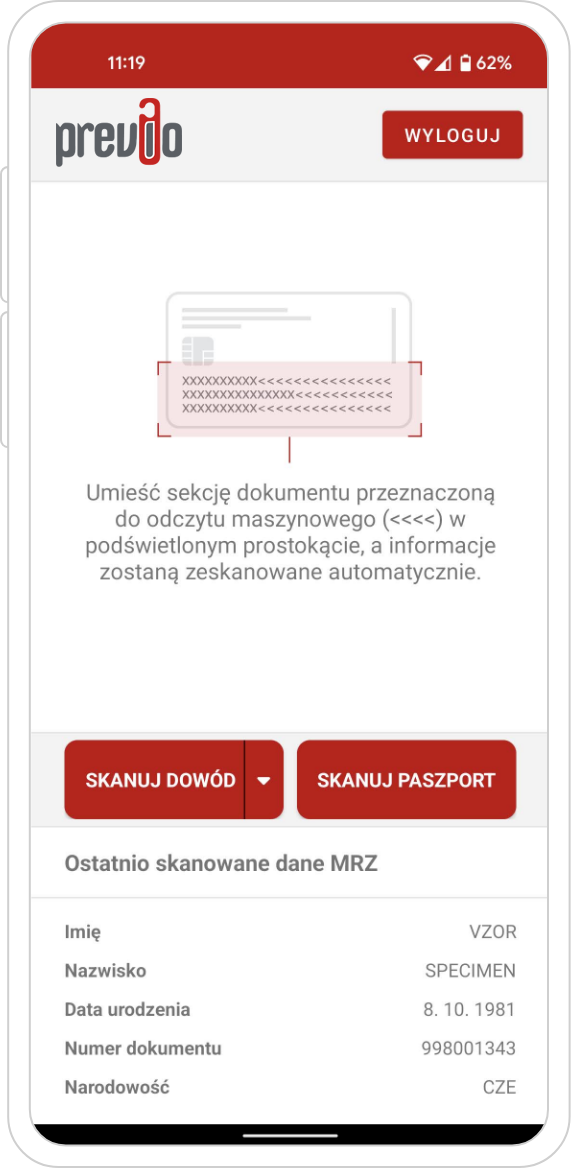 Telefon komórkowy z aplikacją ScanID 